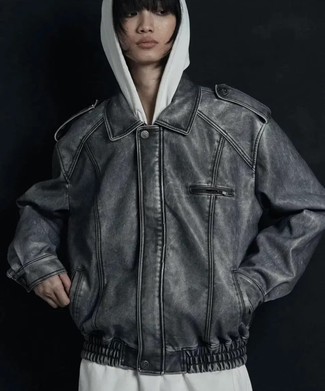 시너진 빈티지 레더 봄버 자켓 그레이 상품이미지1