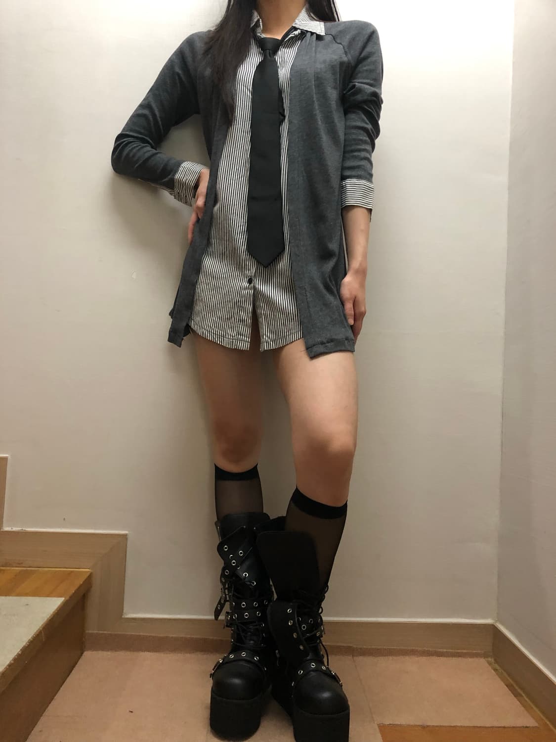빈티지 가디건 레이어드 셔츠 원피스 상품이미지3