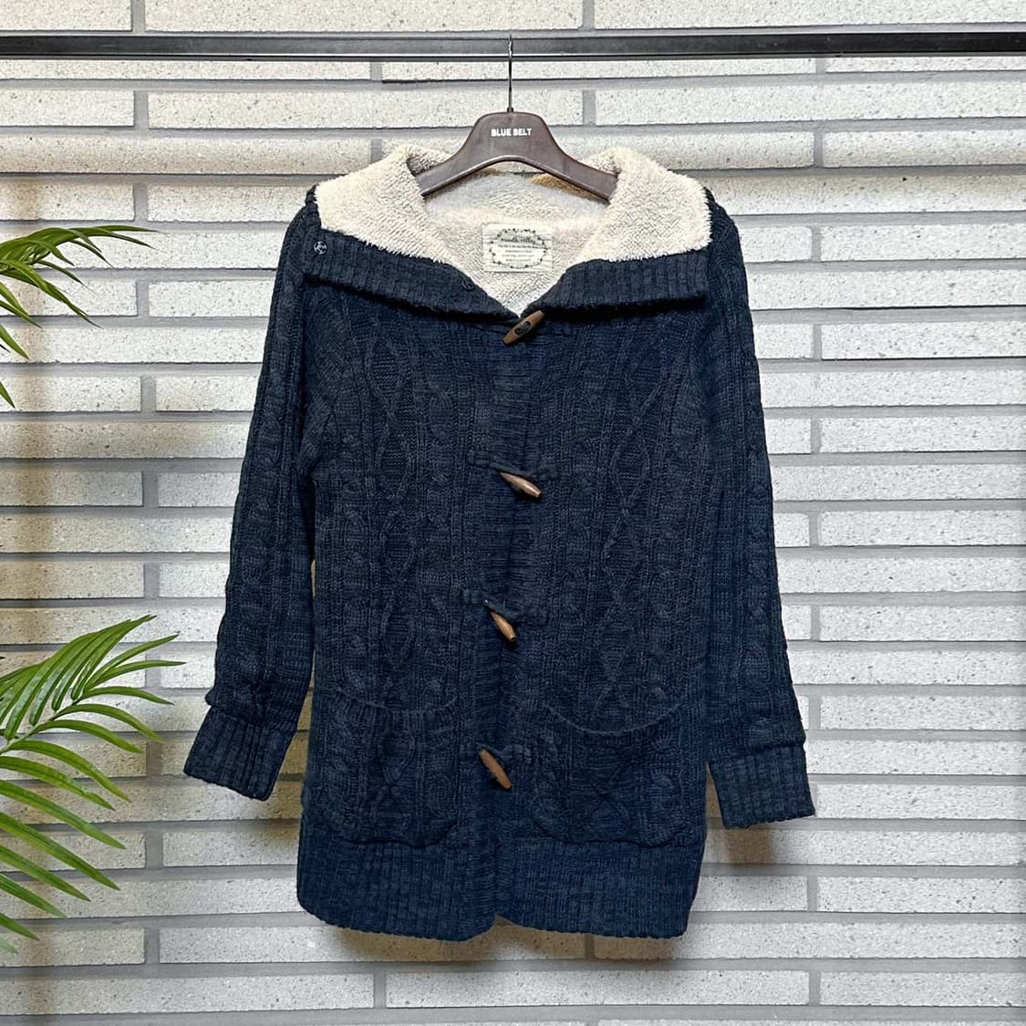JPN VINTAGE 케이블 니트 가디건 하이넥 투포켓 디테일 네이비 상품이미지2
