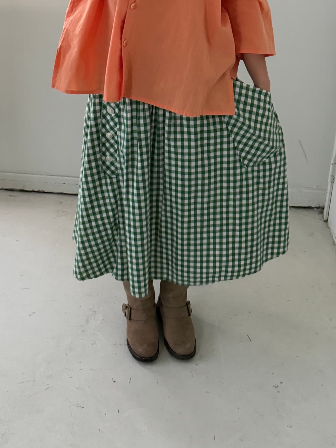 일본빈티지 그린체크 코튼 아방스커트 상품이미지3