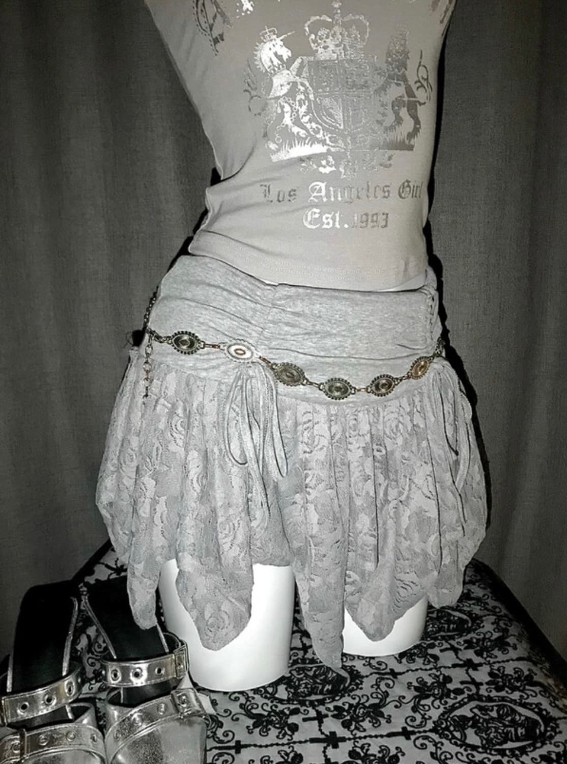 O.ka 오카 언발 레이스 셔링 스커트 그레이 미사용품 상품이미지3