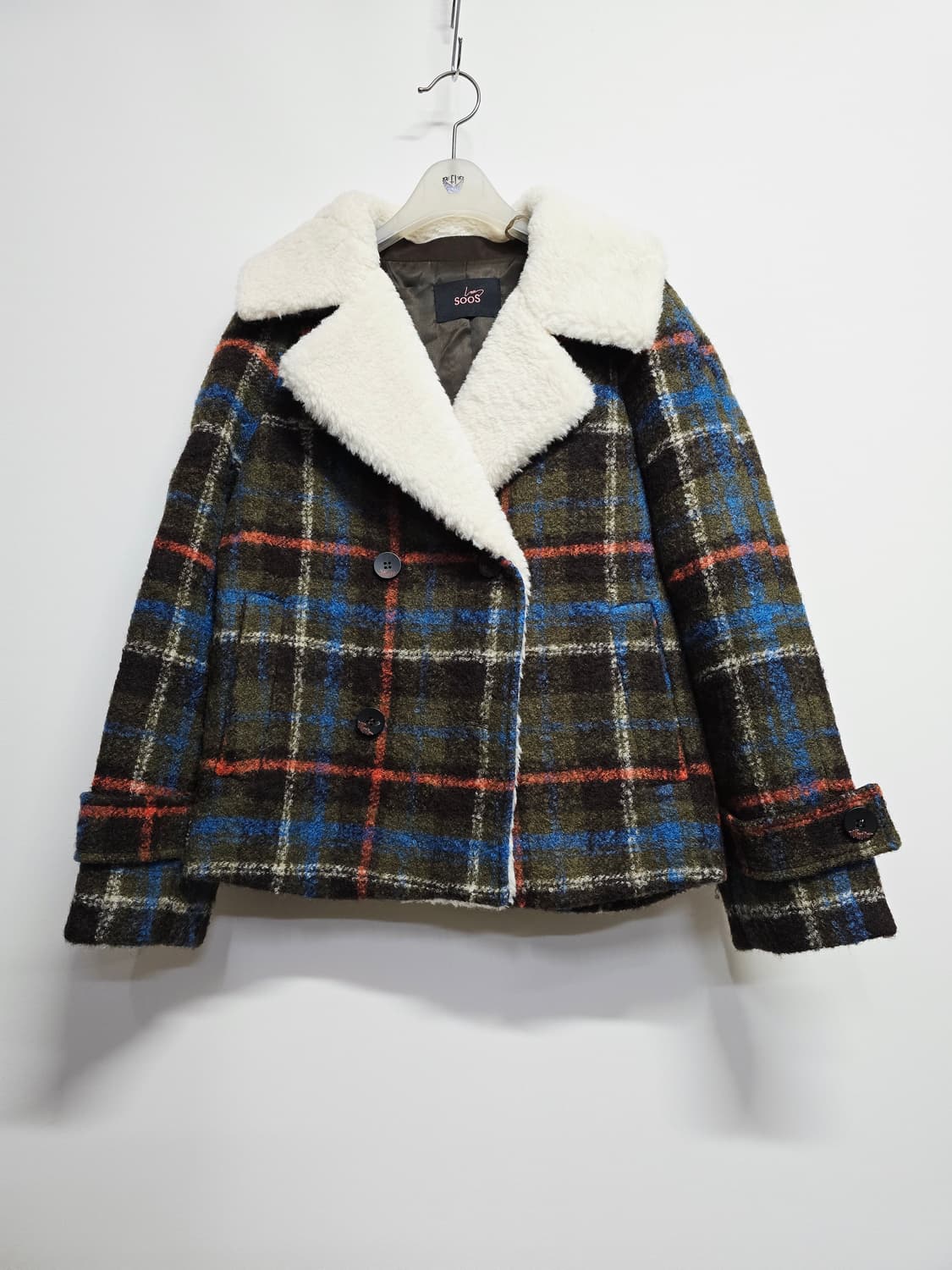 SOOS 체크 무늬 숏 코트 퍼 카라 자켓 상품이미지1
