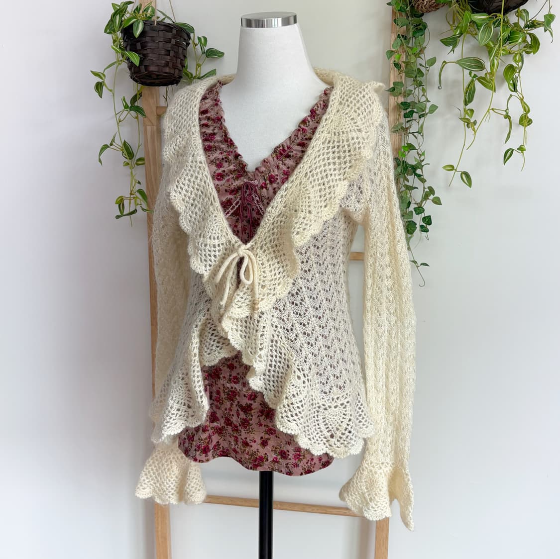 JPN/ 아이보리 레이스 뜨개 가디건 페미닌가디건 페어리가디건 러플가디건 상품이미지8