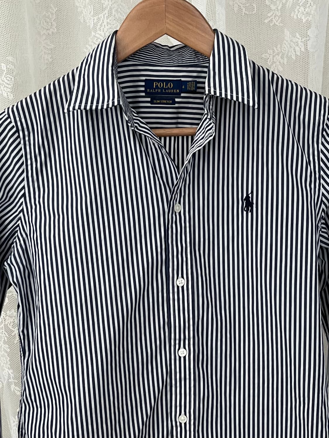 M) 폴로 랄프로렌 여성 슬림핏 스트라이프 셔츠 네이비 상품이미지3