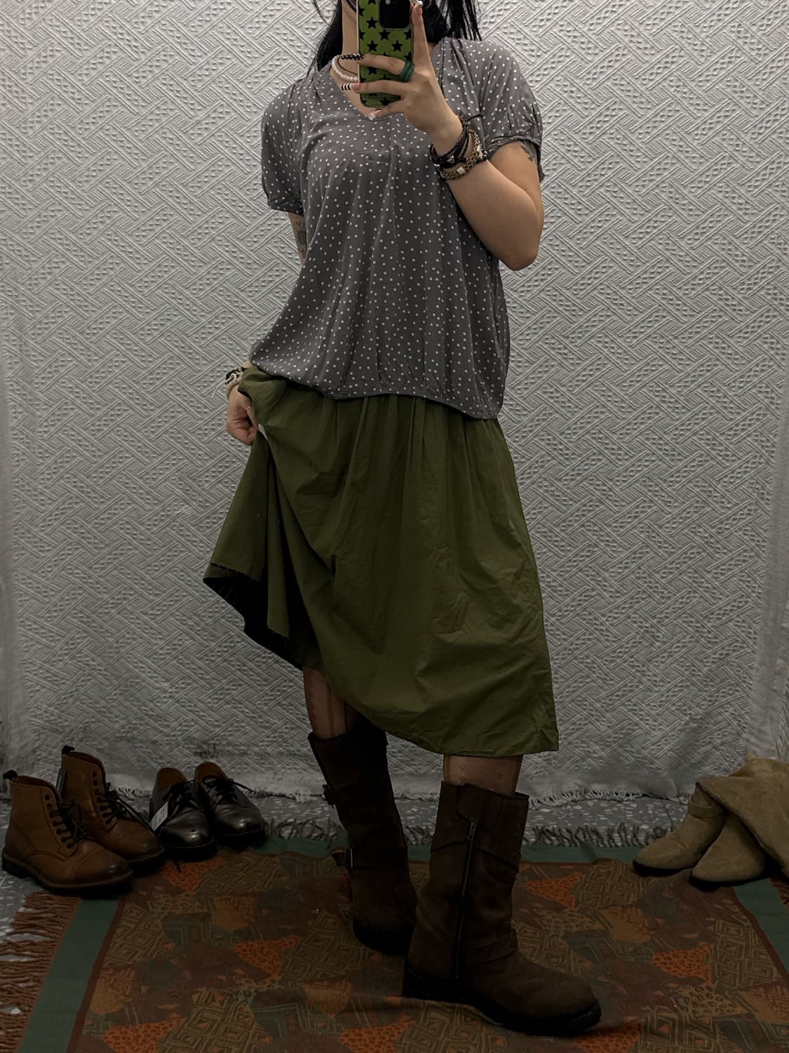 빈티지 리버시블 말차카키 스트라이프 미디 롱 스커트 K0041 상품이미지1