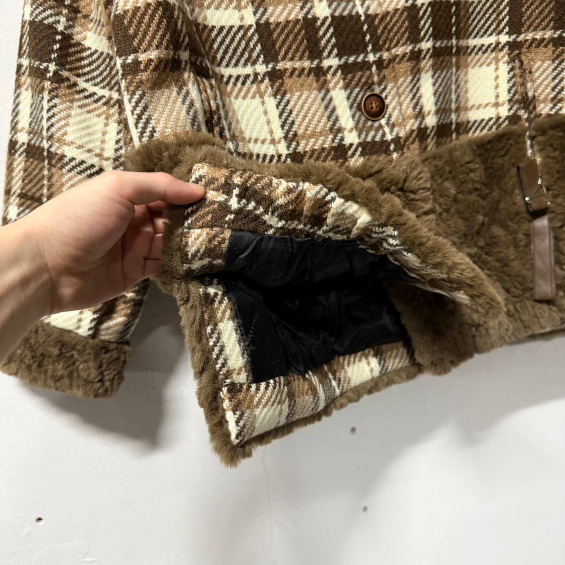 VTG 빈티지 모리 초코브라운 체크 패턴 퍼 코트 자켓 상품이미지5