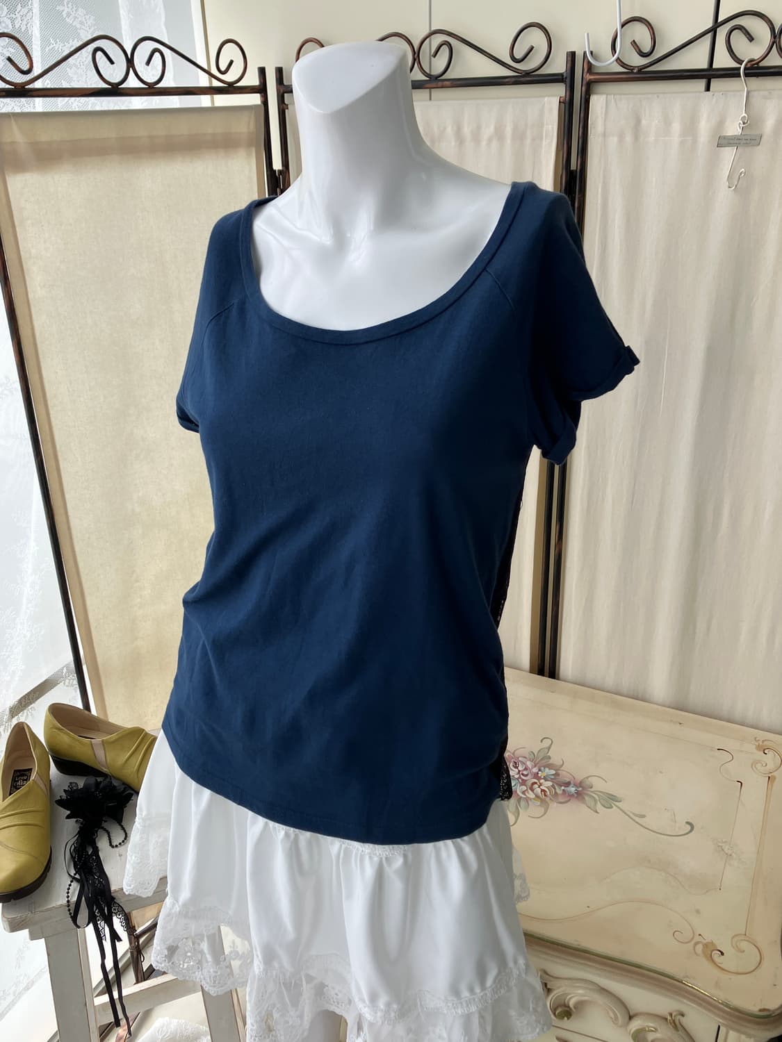 블루 크로셰 레이스 반팔 1275 모리걸 일본빈티지 상품이미지2