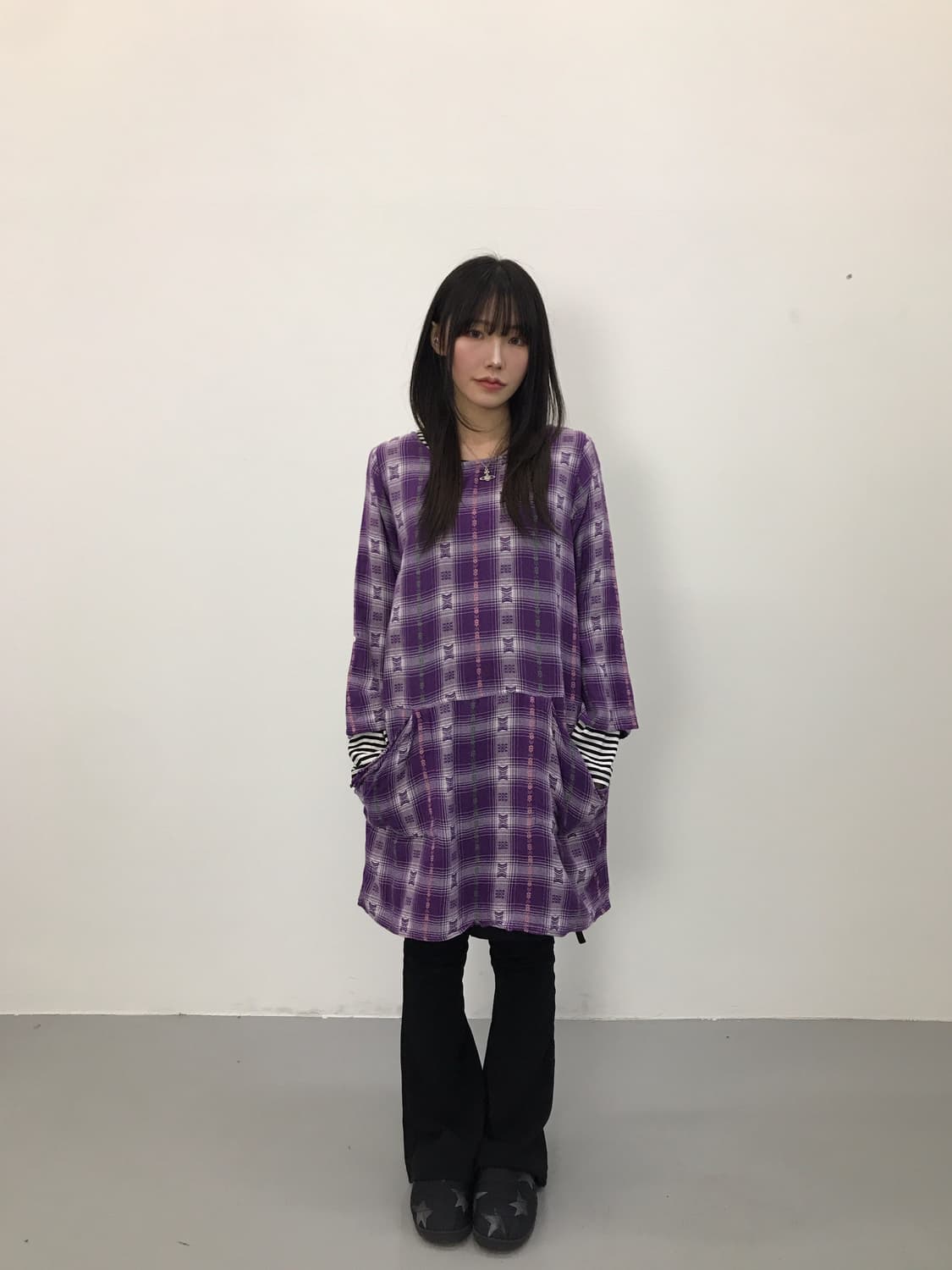 'Yul' Purple Ethnic Check Tunic Dress 상품이미지1