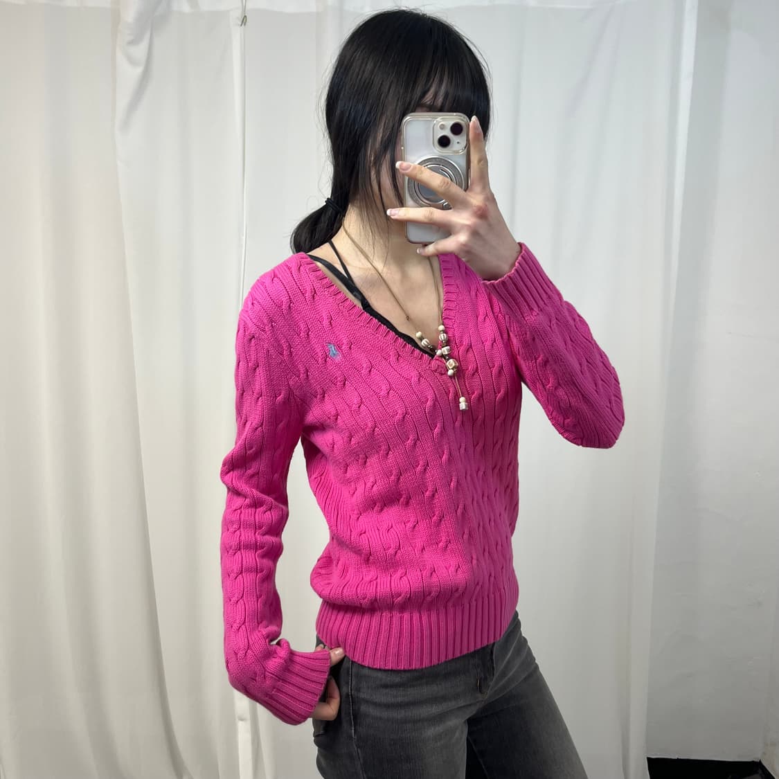 Polo Pink V-Neck Cable Knit 상품이미지2