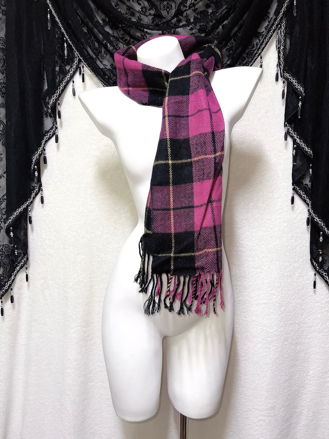 헤이세이 갸루 캐캐체 키치 펑크 y2k 마젠타 체크 패턴 머플러 목도리 상품이미지7