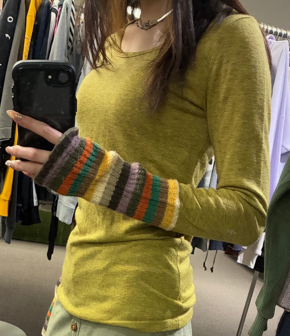 OS)Japanese vintage 여성 니트 소매 배색 롱 슬리브 상품이미지3