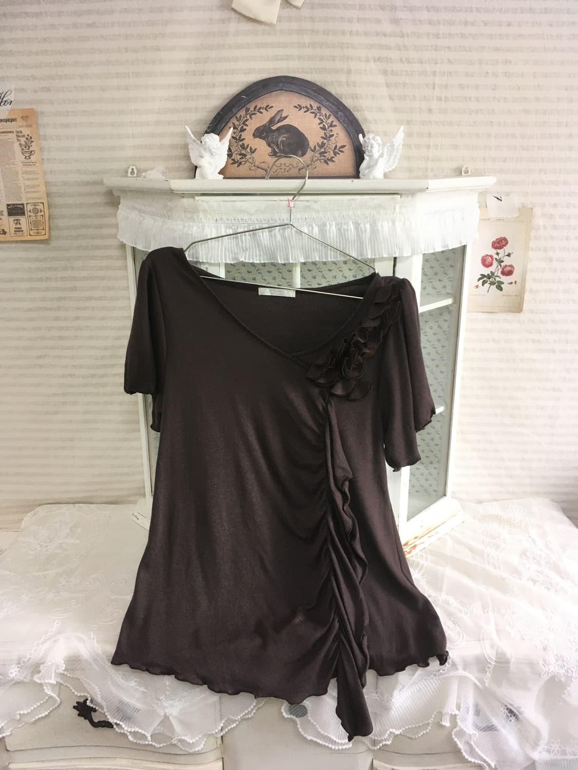 빈티지 아카이브 브라운 셔링 반팔 블라우스 상품이미지6