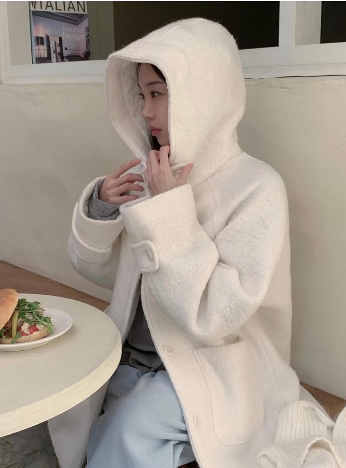 부클 하이넥 후드 하프코트 화이트 상품이미지2