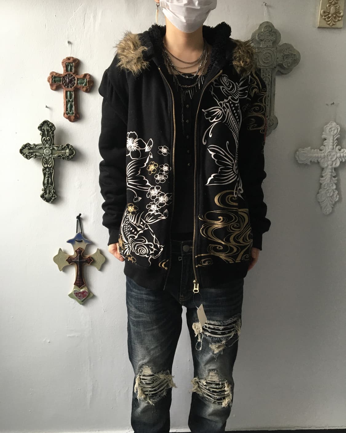 Fake fur hood oriental printing zip up 상품이미지1