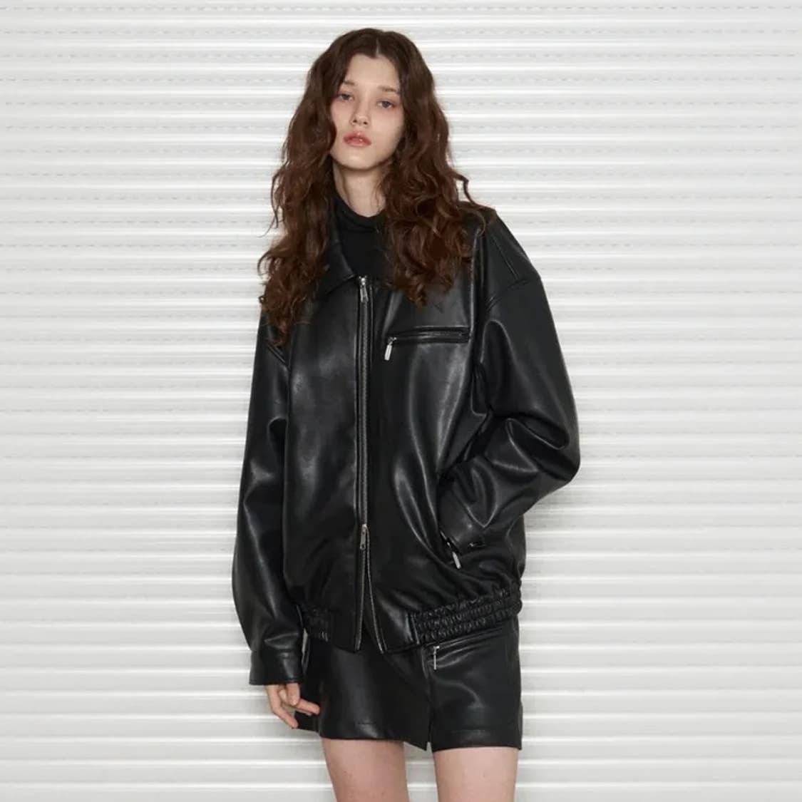 레더 오버핏 블루종 자켓 (블랙) 상품이미지1