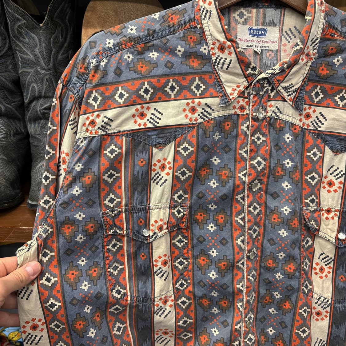 80s ROCKY 올오버 네이티브 아메리칸 아즈텍패턴 웨스턴셔츠 N602 상품이미지5