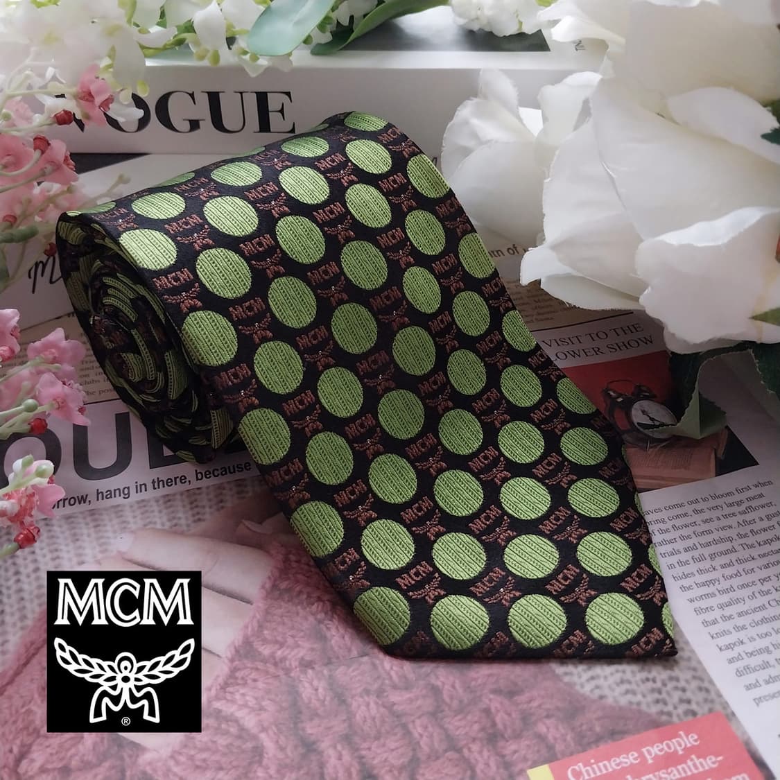MCM 실크 브라운&그린 도트 패턴 넥타이 9.2cm A+등급 K1585 상품이미지1