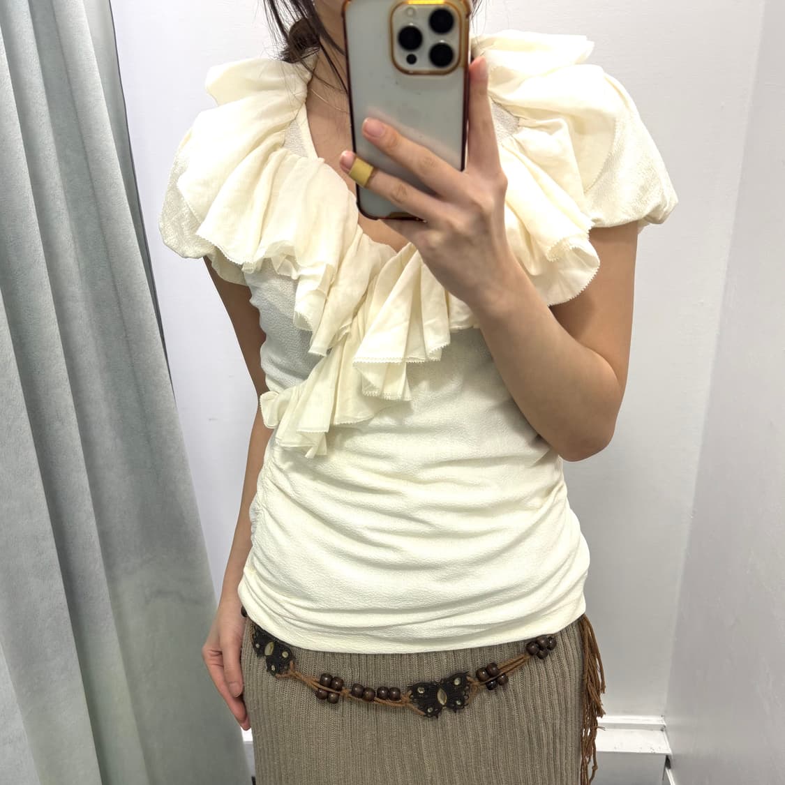 랄프로렌 아이보리 러플 셔링 반팔 블라우스 상품이미지2