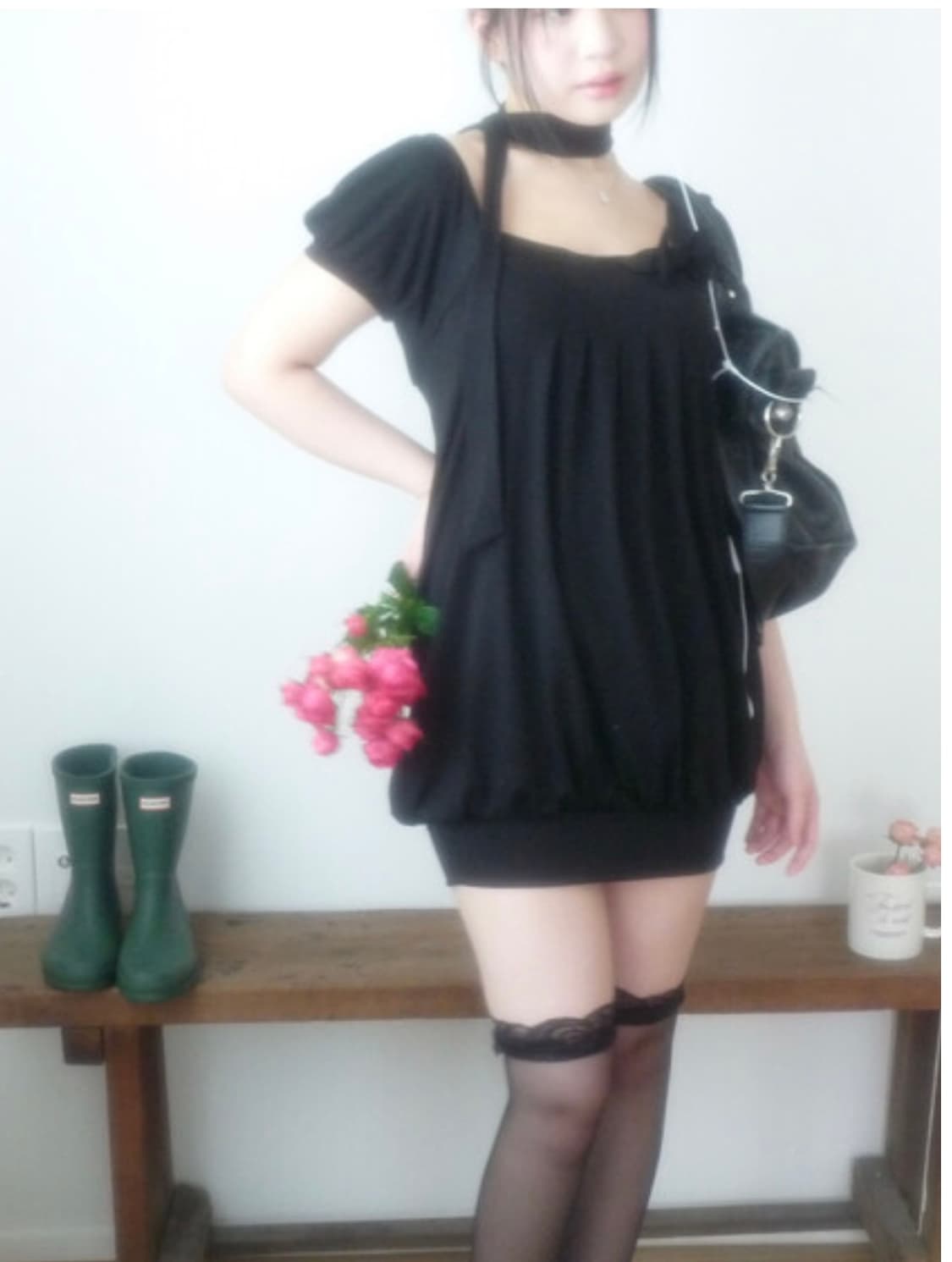 Ribbon Pleated Dress Scarf Set (Black) 상품이미지1
