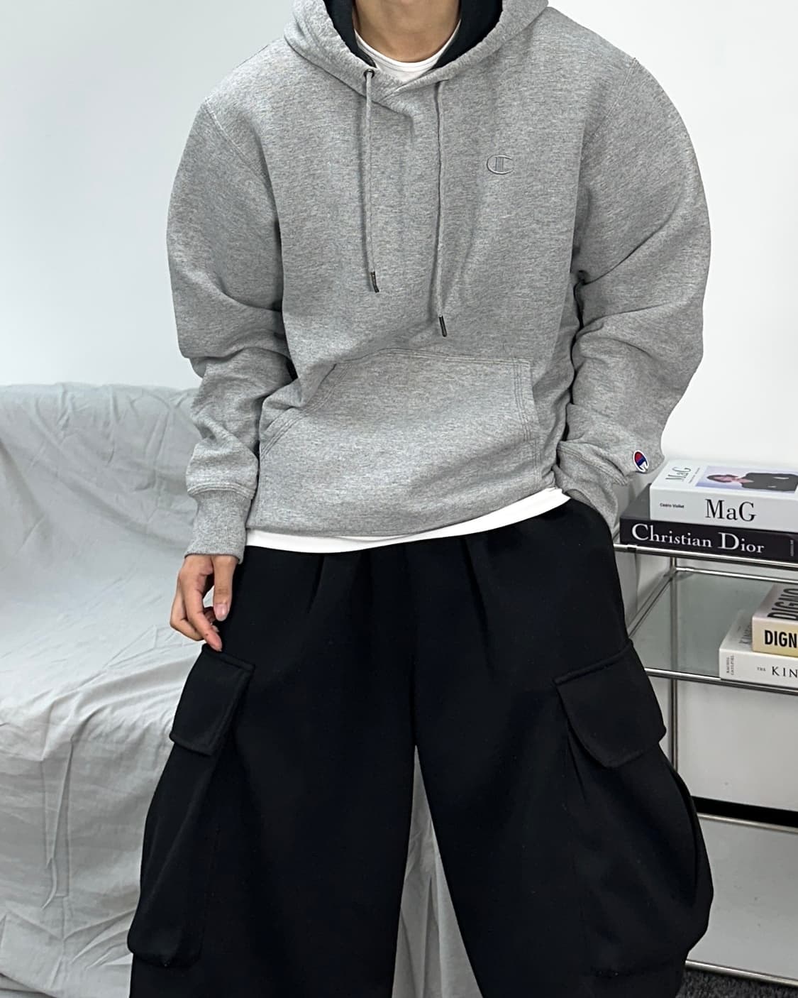 챔피온 그레이 소매로고 후드티 M 상품이미지2