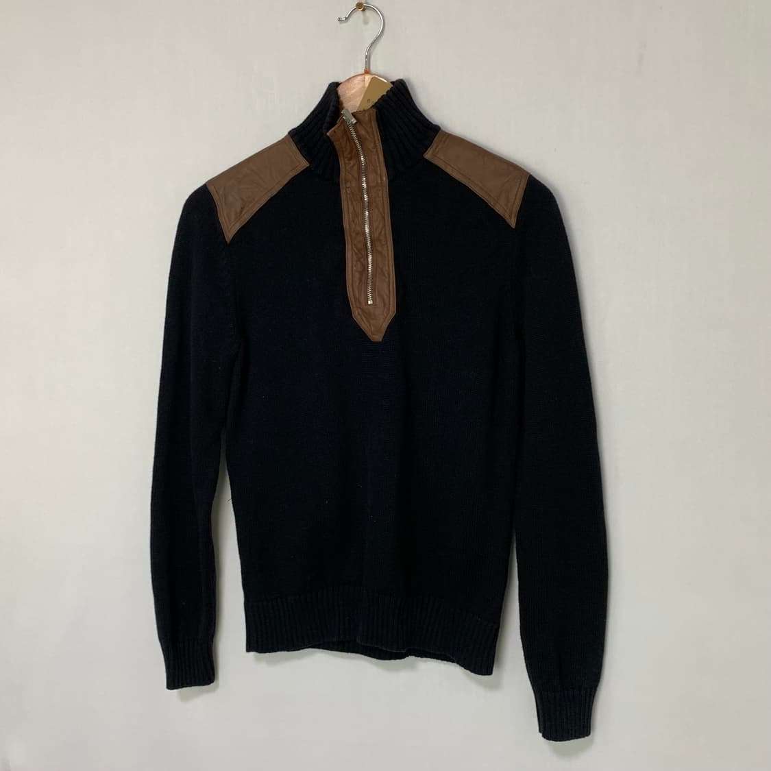 로렌랄프로렌 블랙/브라운 레더 패치 하프집업 반집업 니트 M 상품이미지2