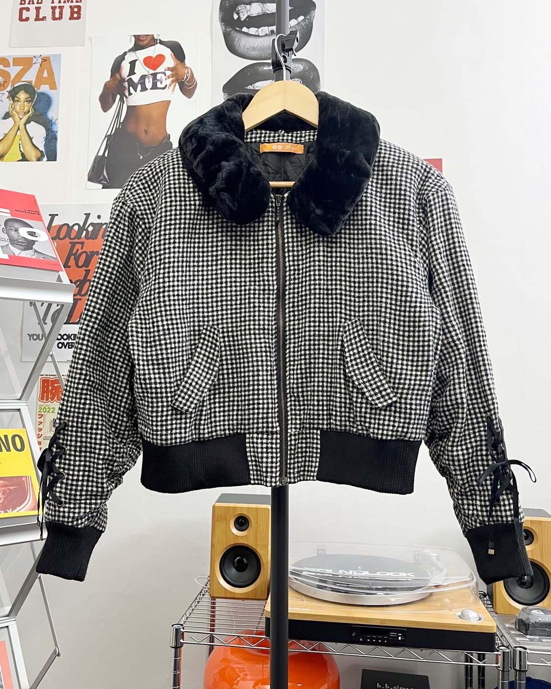 올드 빈티지 체크패턴 크롭 퍼 자켓 상품이미지5