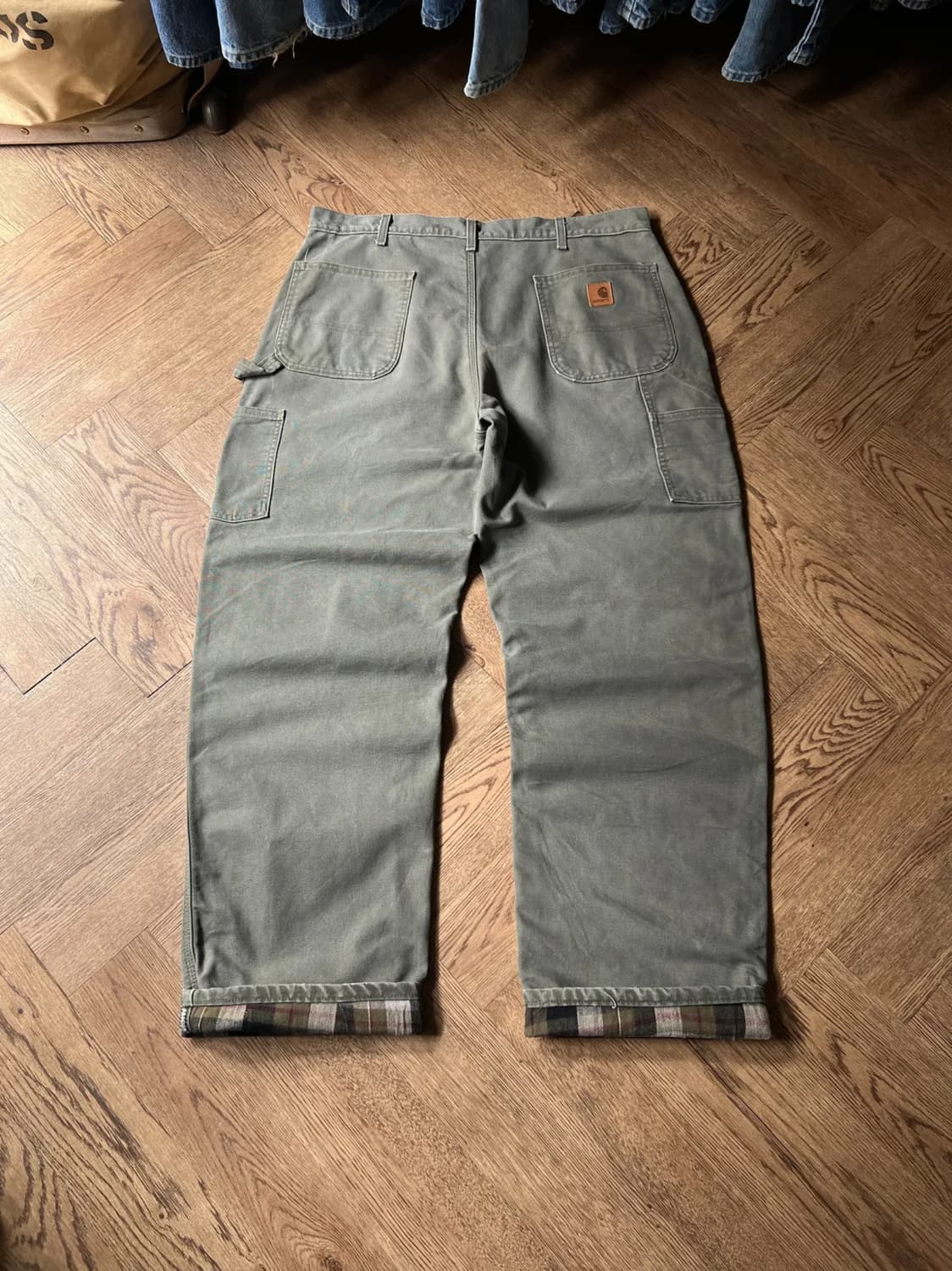 [38]칼하트 USA 체크 라이닝 모스그린 싱글니 카펜터 워크 팬츠 상품이미지1