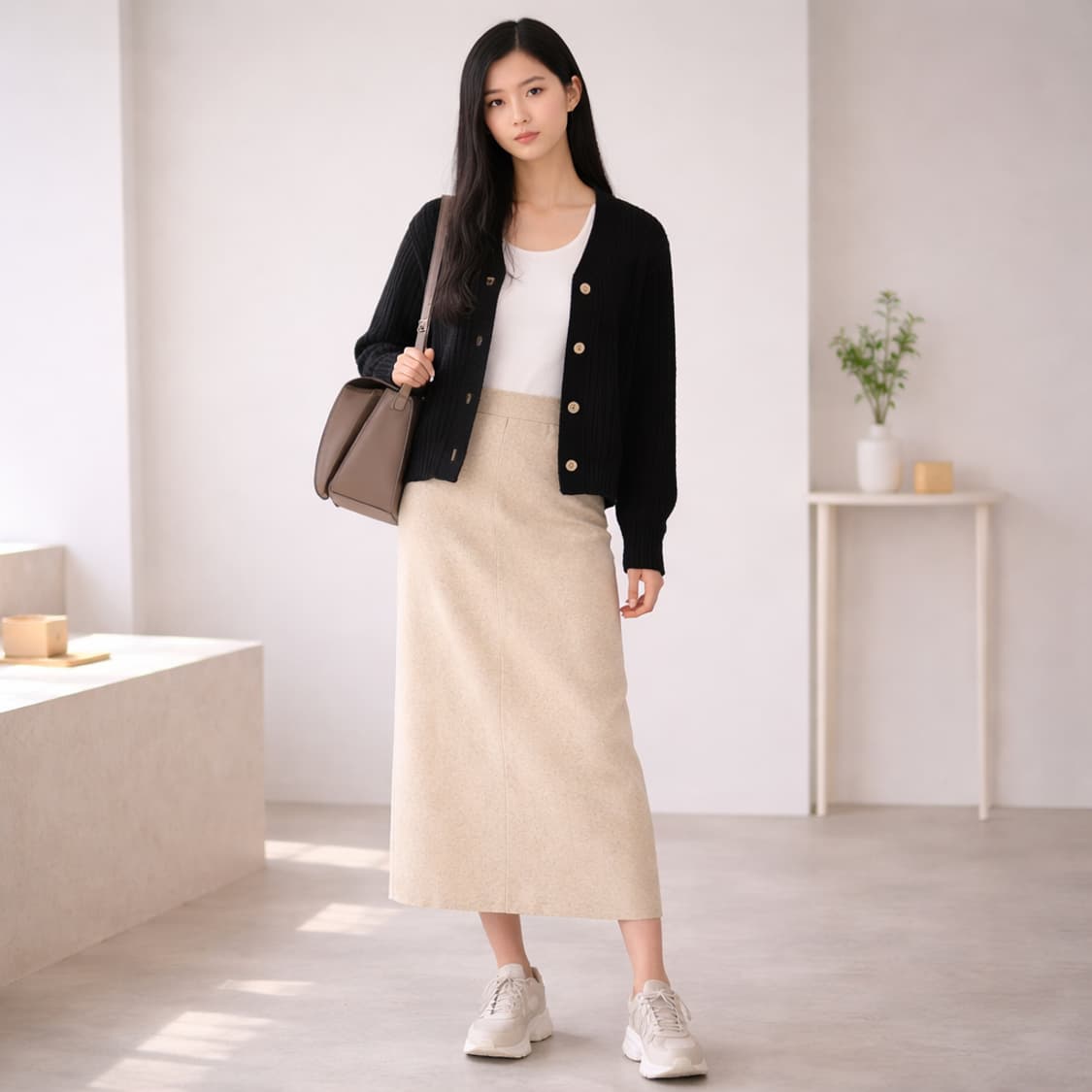 어글리쉐도우(UGLYSHADOW) 백포켓 뒷트임 롱 스커트 오트밀 상품이미지1