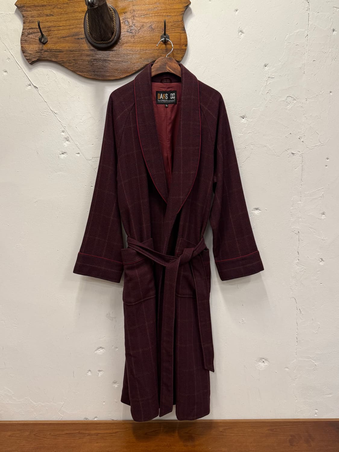 L) DAKS Burgundy Check Cashmere Robe Coa 상품이미지2