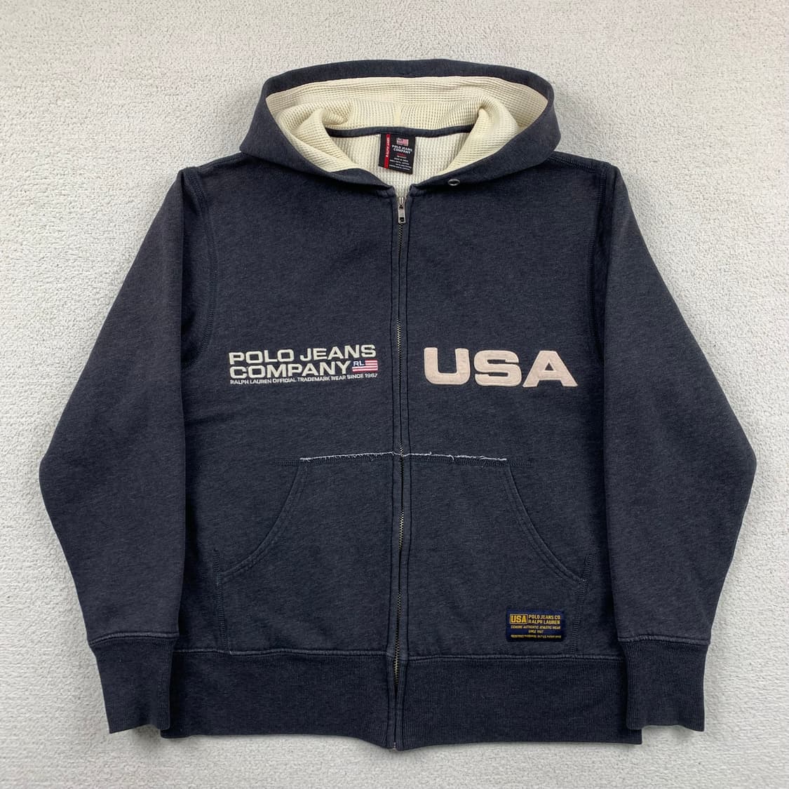 90s 폴로 진스 USA 자수로고 써멀 후드집업 차콜 상품이미지1