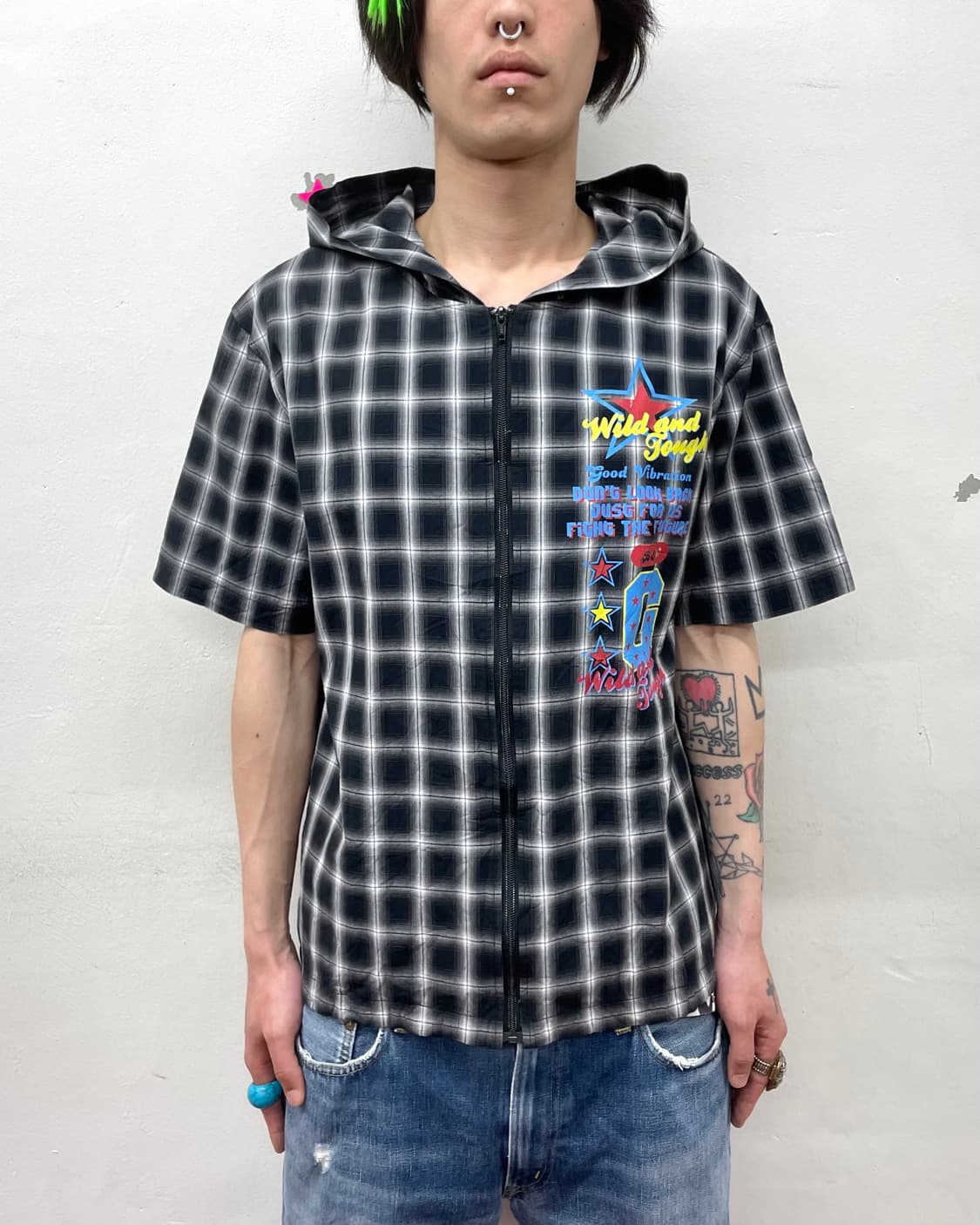 Retro Star Checkered Hoodie T-Shirt  상품이미지1