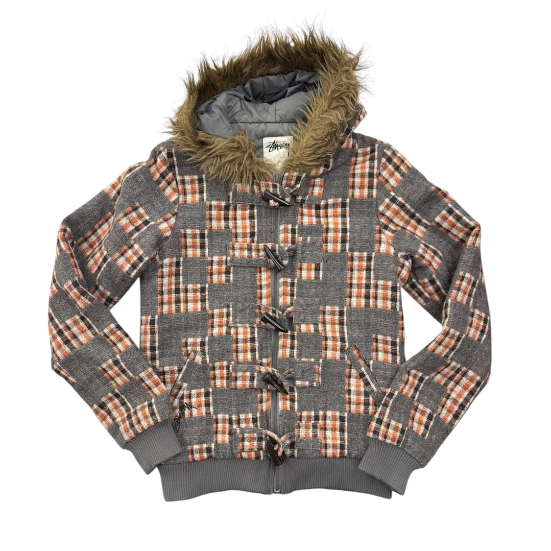 스투시 걸즈 체크 패디드 퍼 자켓 그레이/오렌지 상품이미지1