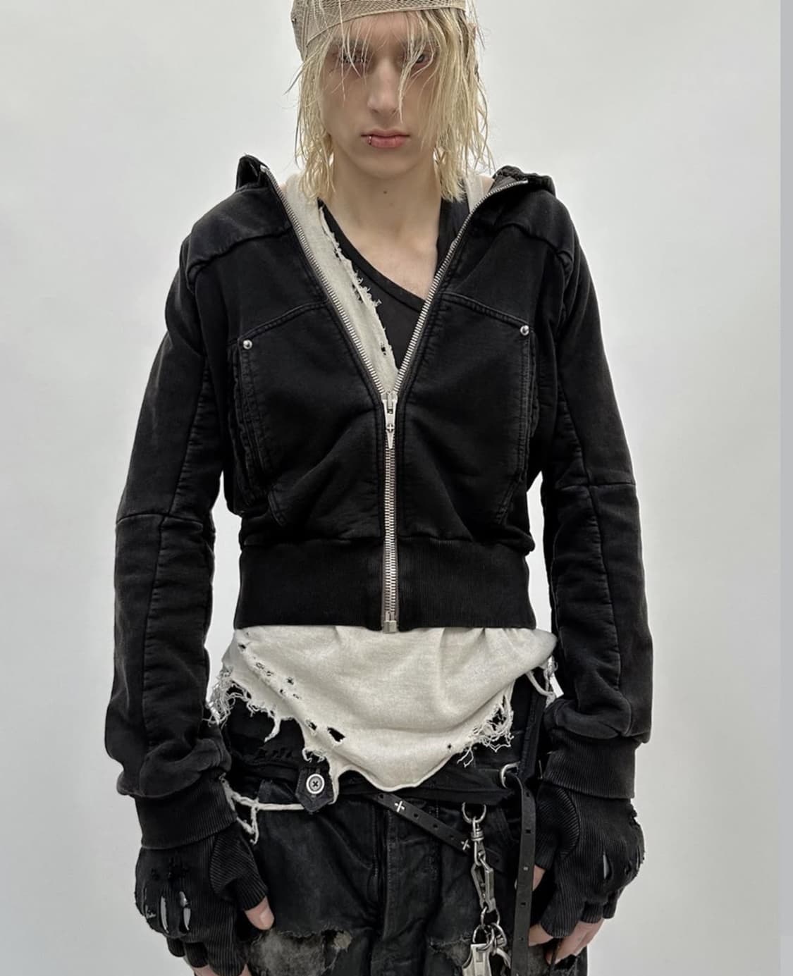 샤인 럭셔리 보조마네 인서티드 지퍼 후드 기모 티셔츠 상품이미지1