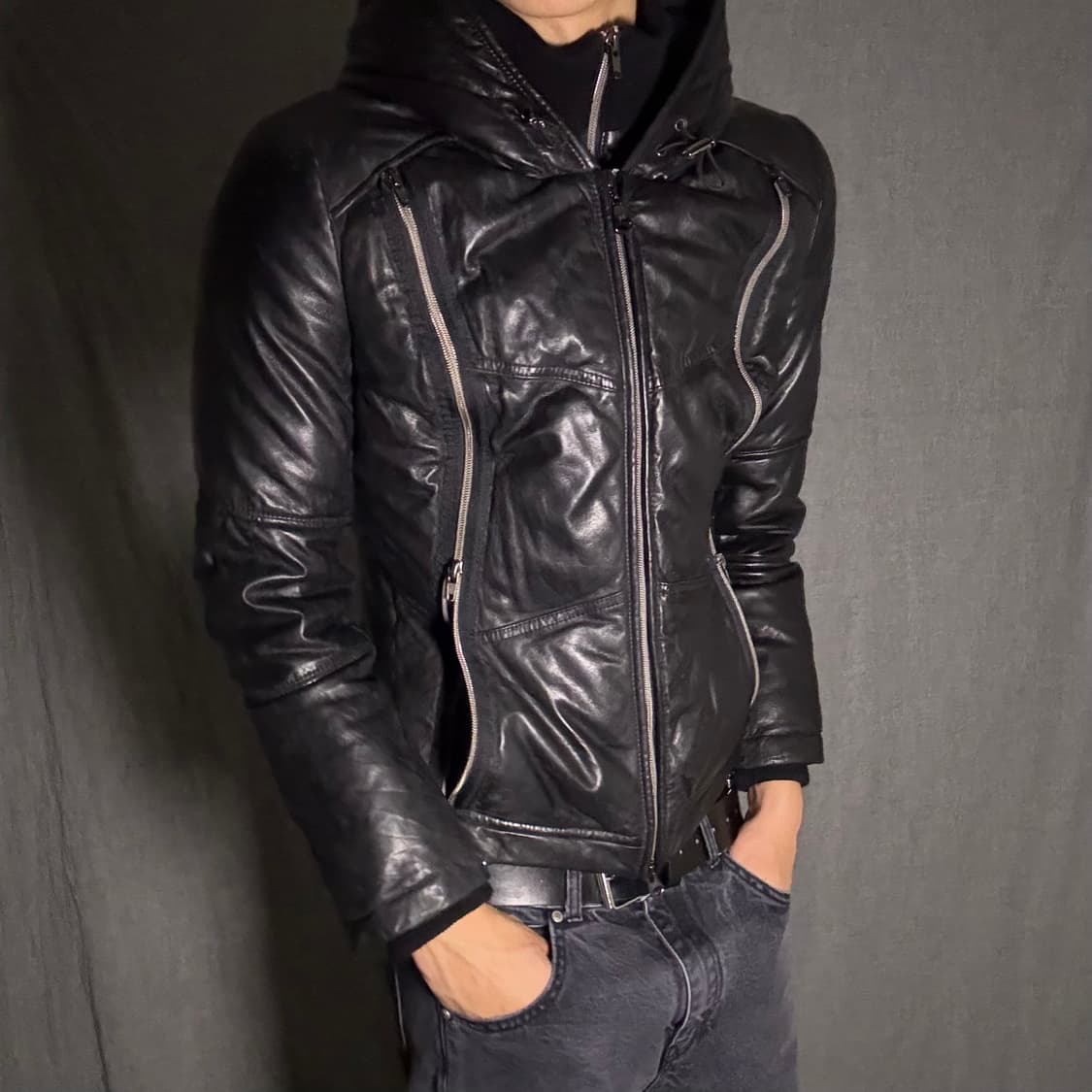 GK 가죽 후드집업 패딩 블랙 상품이미지3