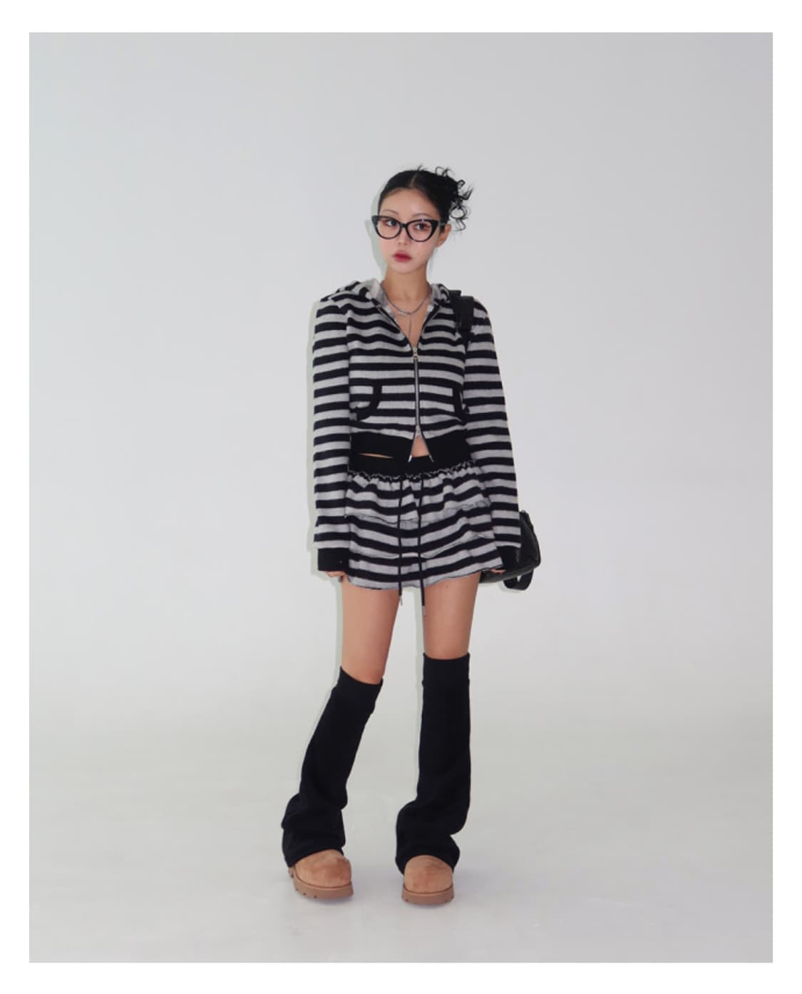 스트라이프 캉캉 치마바지 후드집업 셋업 상품이미지1