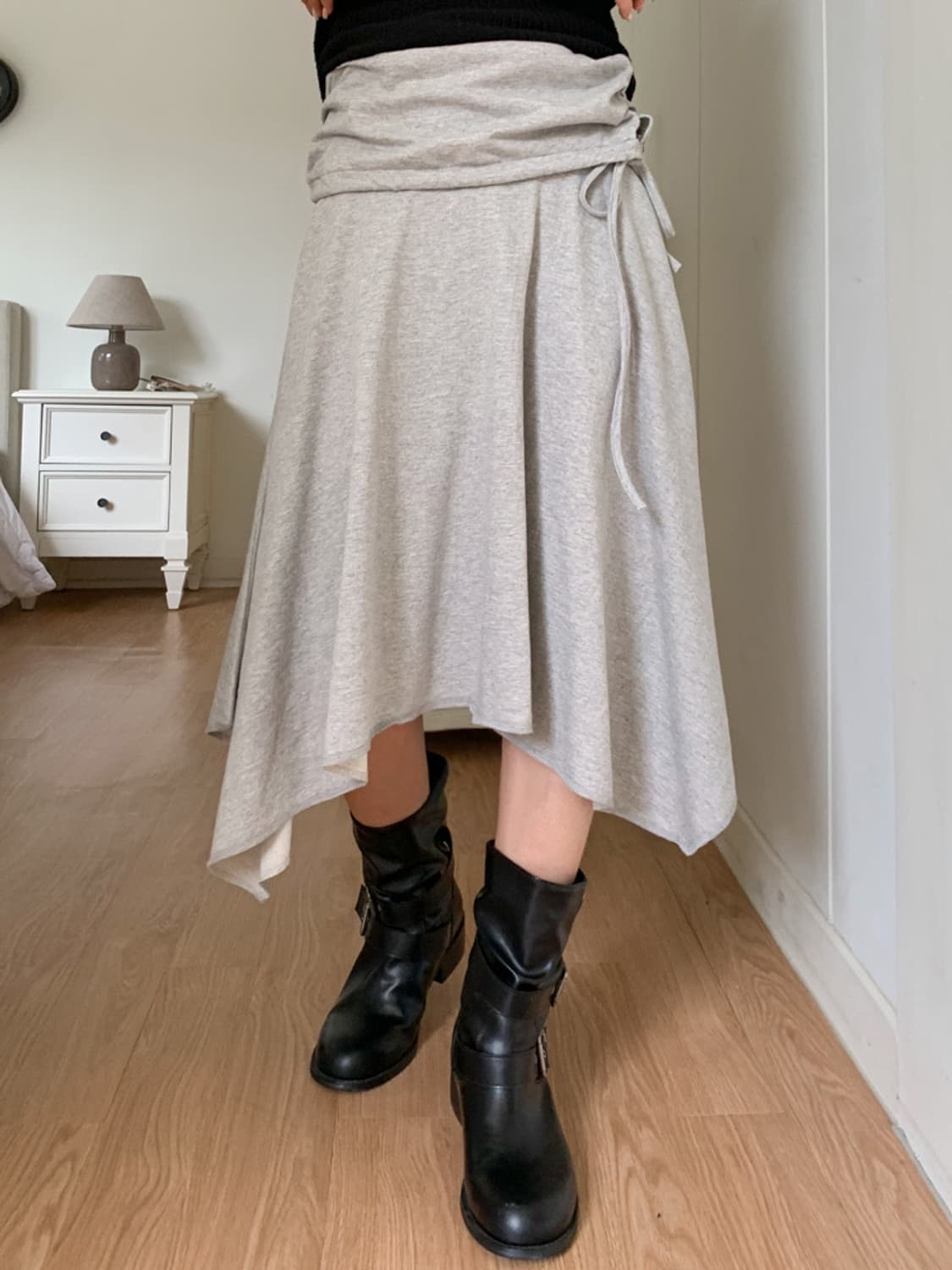 겔리 언발 스트링 플레어 스커트 (블랙, 그레이) 상품이미지6