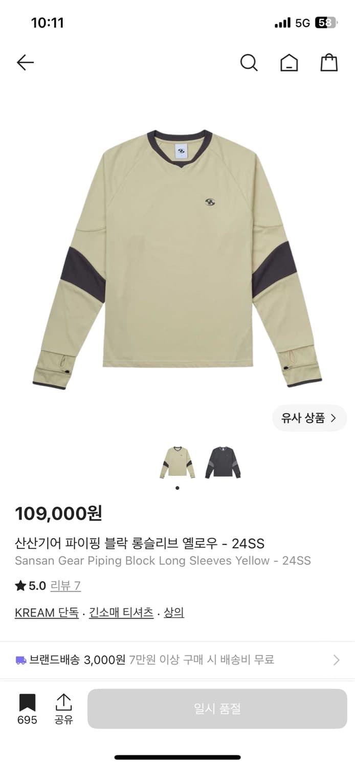 산산기어 파이핑 롱슬리브 옐로우 2사이즈 상품이미지1