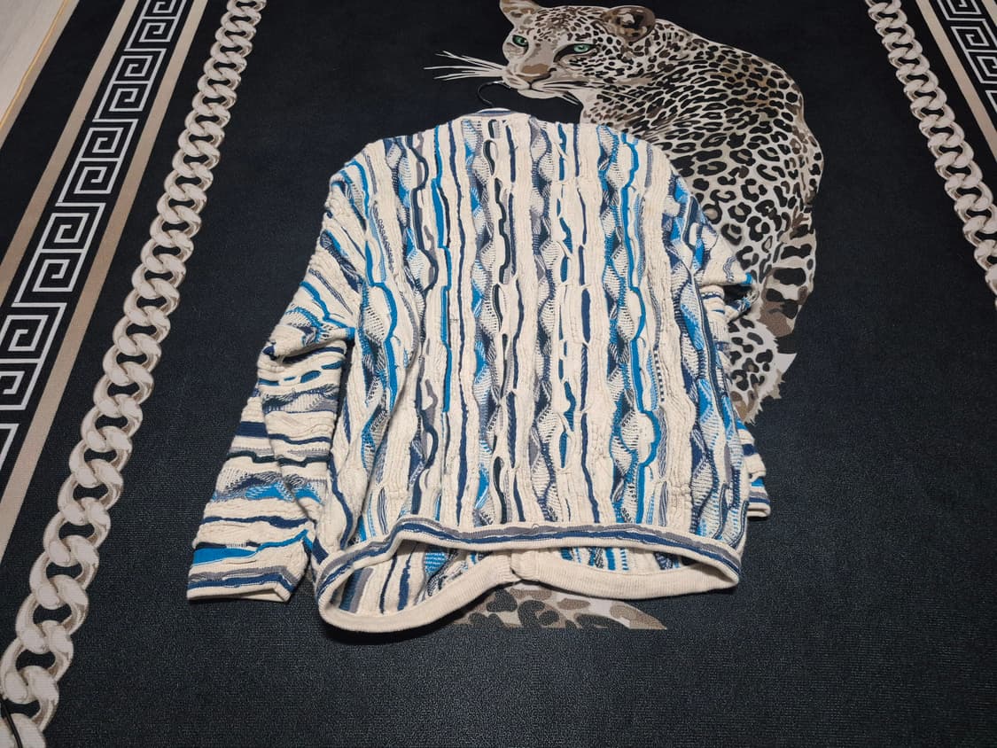 90's 에마루 오스트레일리아 화이트블루 은장 케이블 니트 가디건 XL 상품이미지4