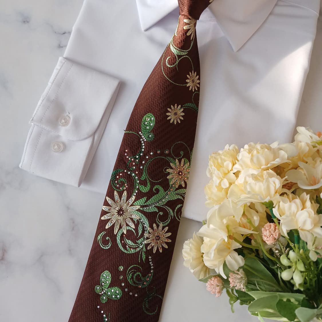 페리엘리스 실크 브라운 플라워 자수 넥타이 9.3cm A등급 A19254 상품이미지6