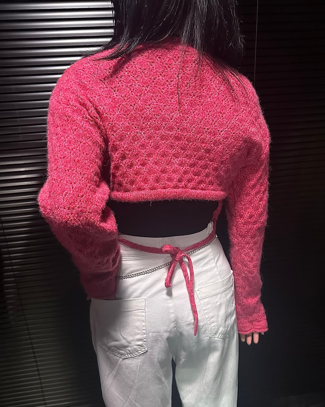 자라 핑크 꽃 펀칭 크롭 니트 스웨터 끈 디테일 상품이미지2