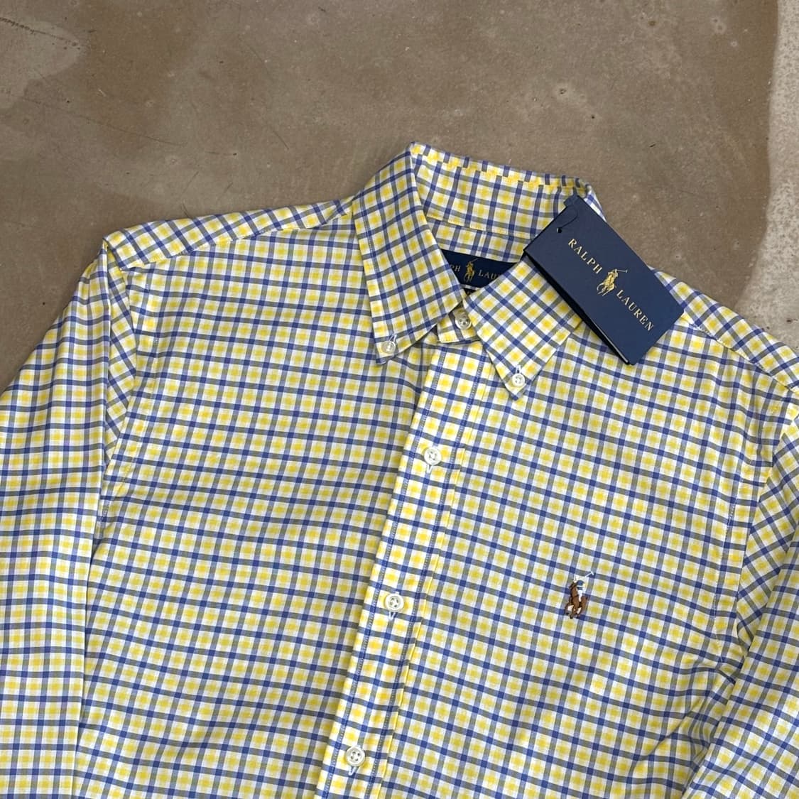 XS 새상품 폴로랄프로렌 슬림핏 스트레치 옥스포드 옐로우 체크셔츠 상품이미지1