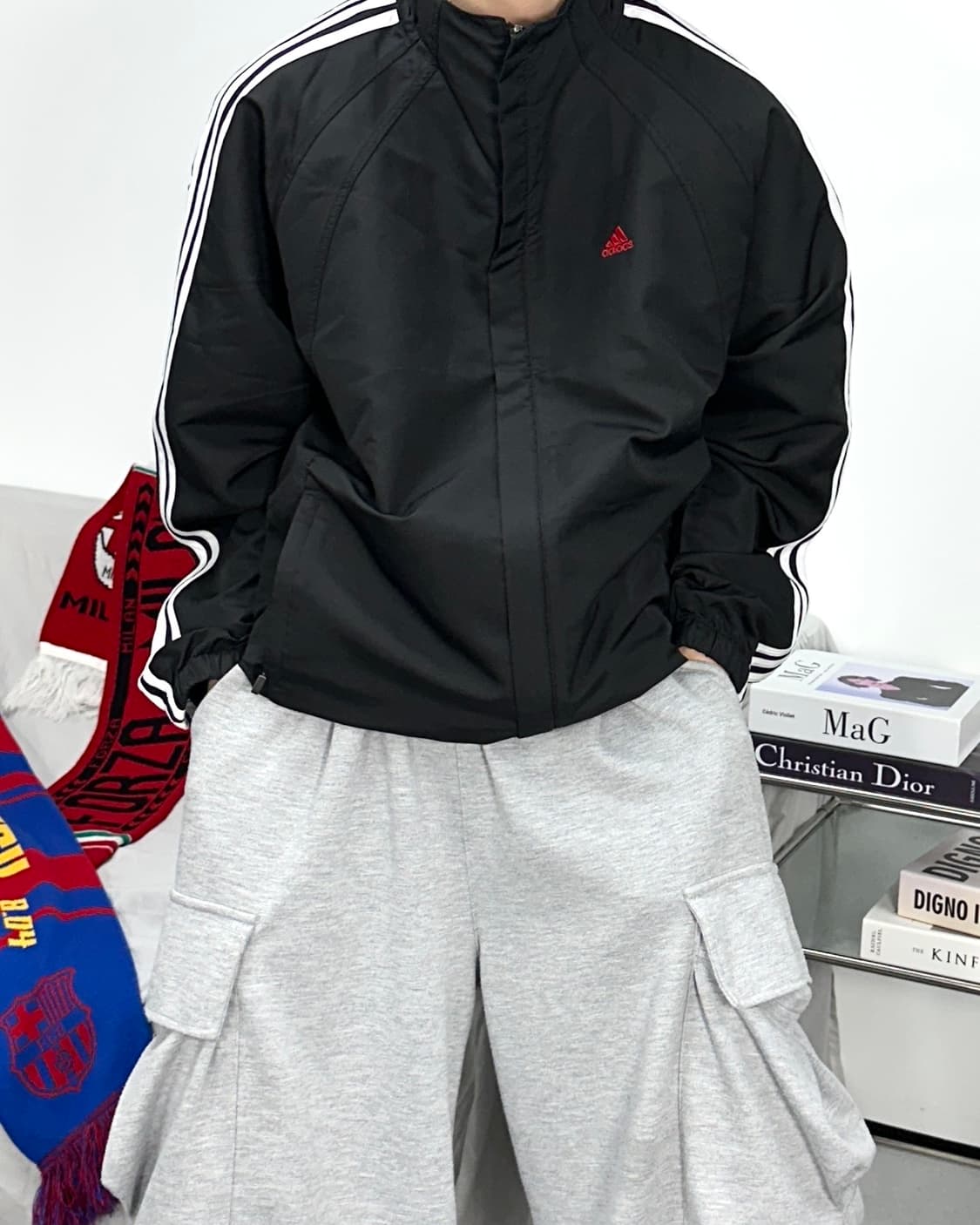 아디다스 블랙 화이트 삼선 바람막이 XL 상품이미지1