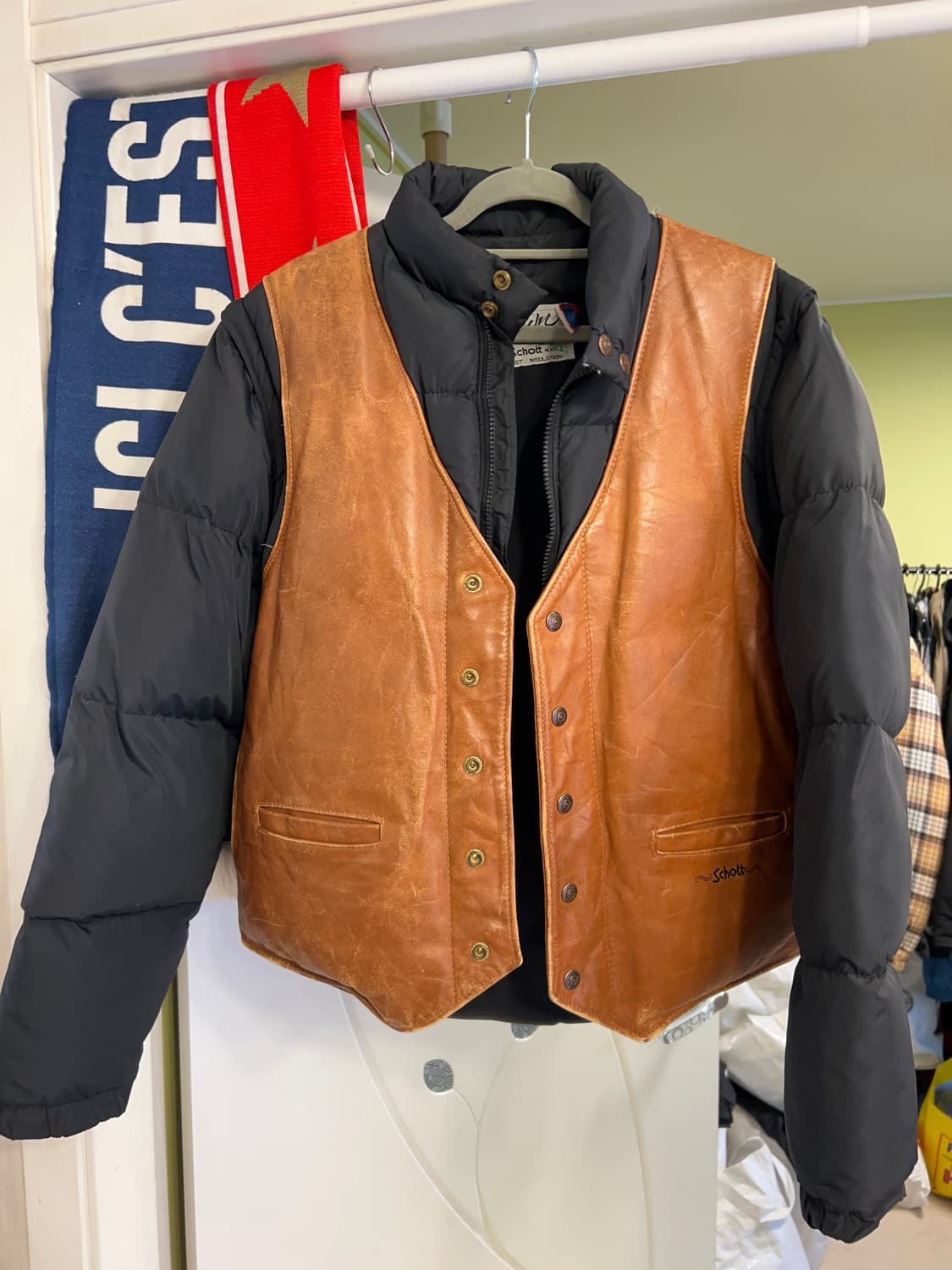 42 )90년대 Schott 쇼트 레어 가죽 베스트 구스 다운 패딩 상품이미지1