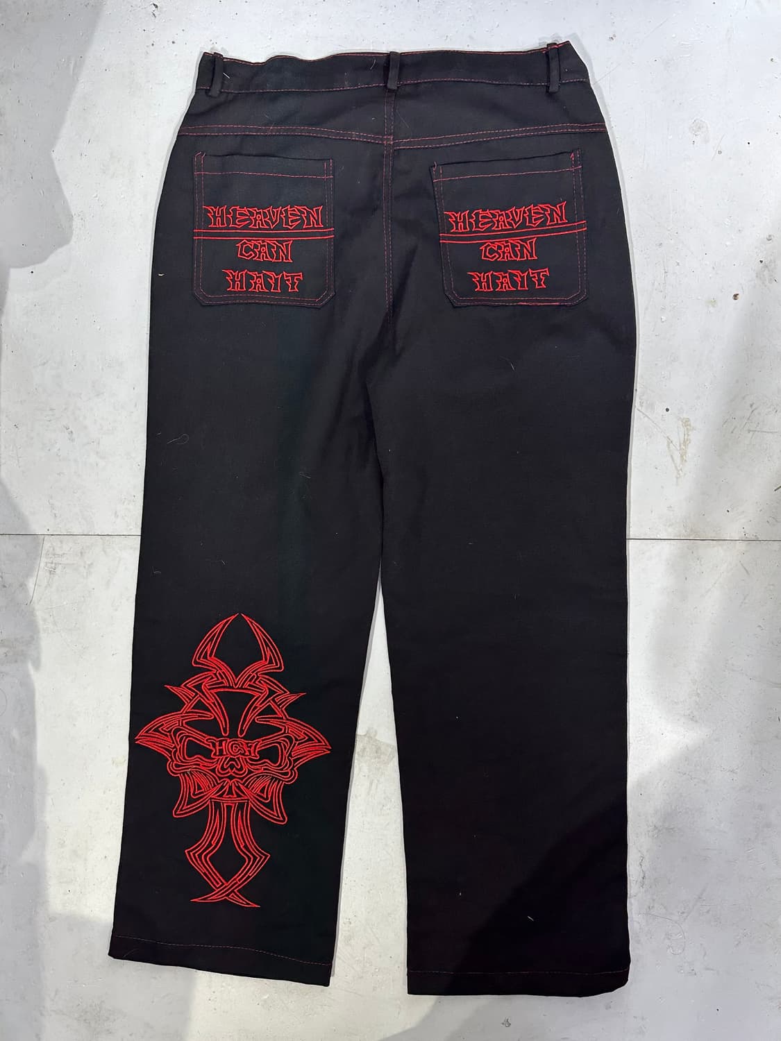 일본 빈티지 블랙 레드 자수 힙합 와이드 팬츠 바지 XL 상품이미지5