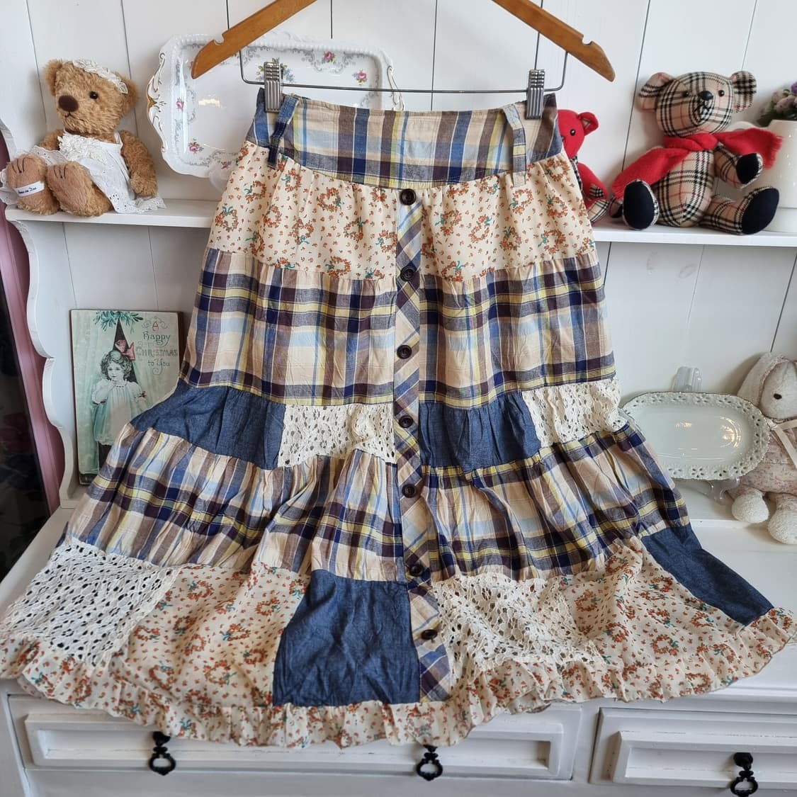 패치워크 체크 플라워  캉캉 롱스커트 상품이미지5