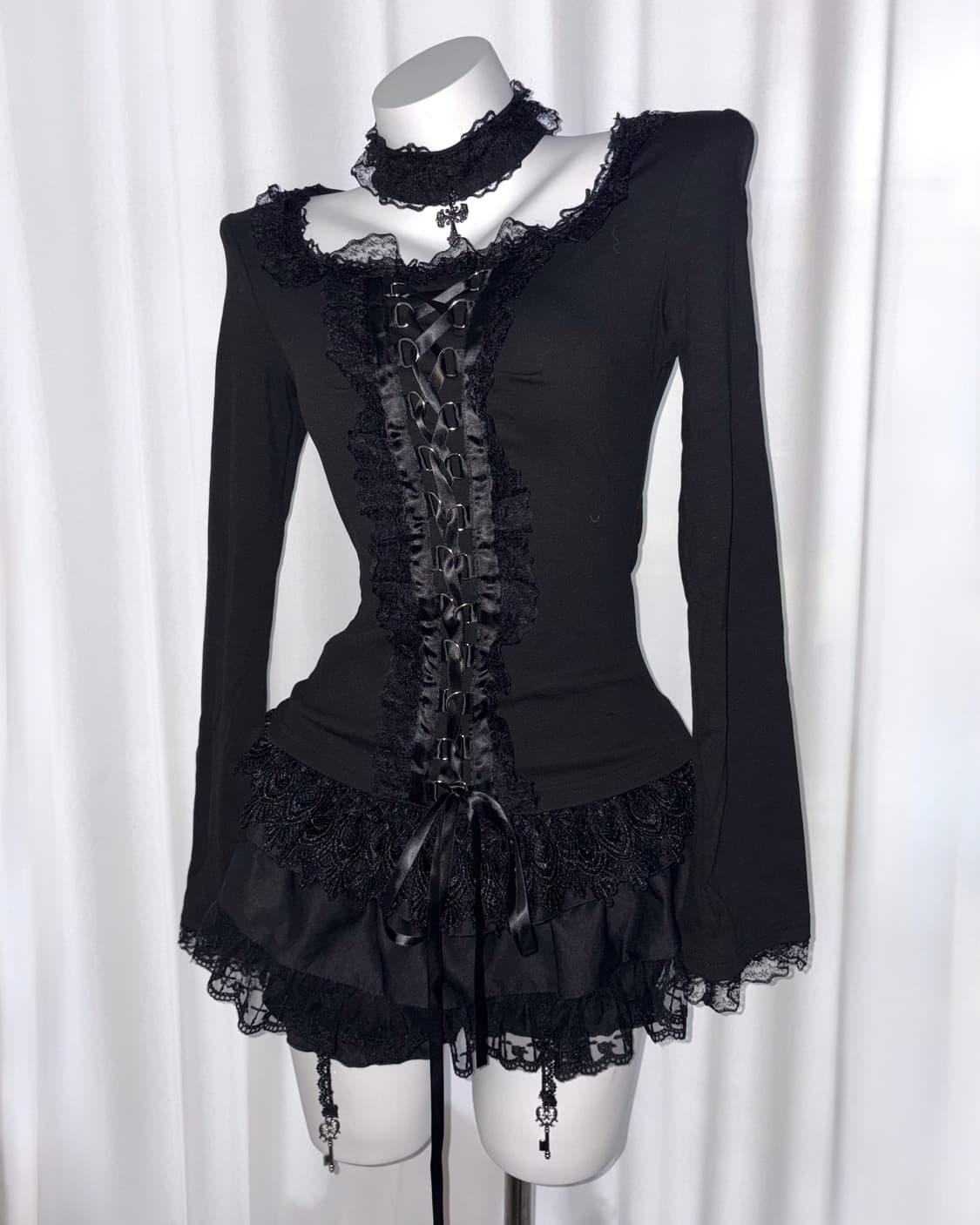 [black swan] 레이스 코르셋 고딕 펑크 고스 쿠로 갸루 블라우스 상품이미지4