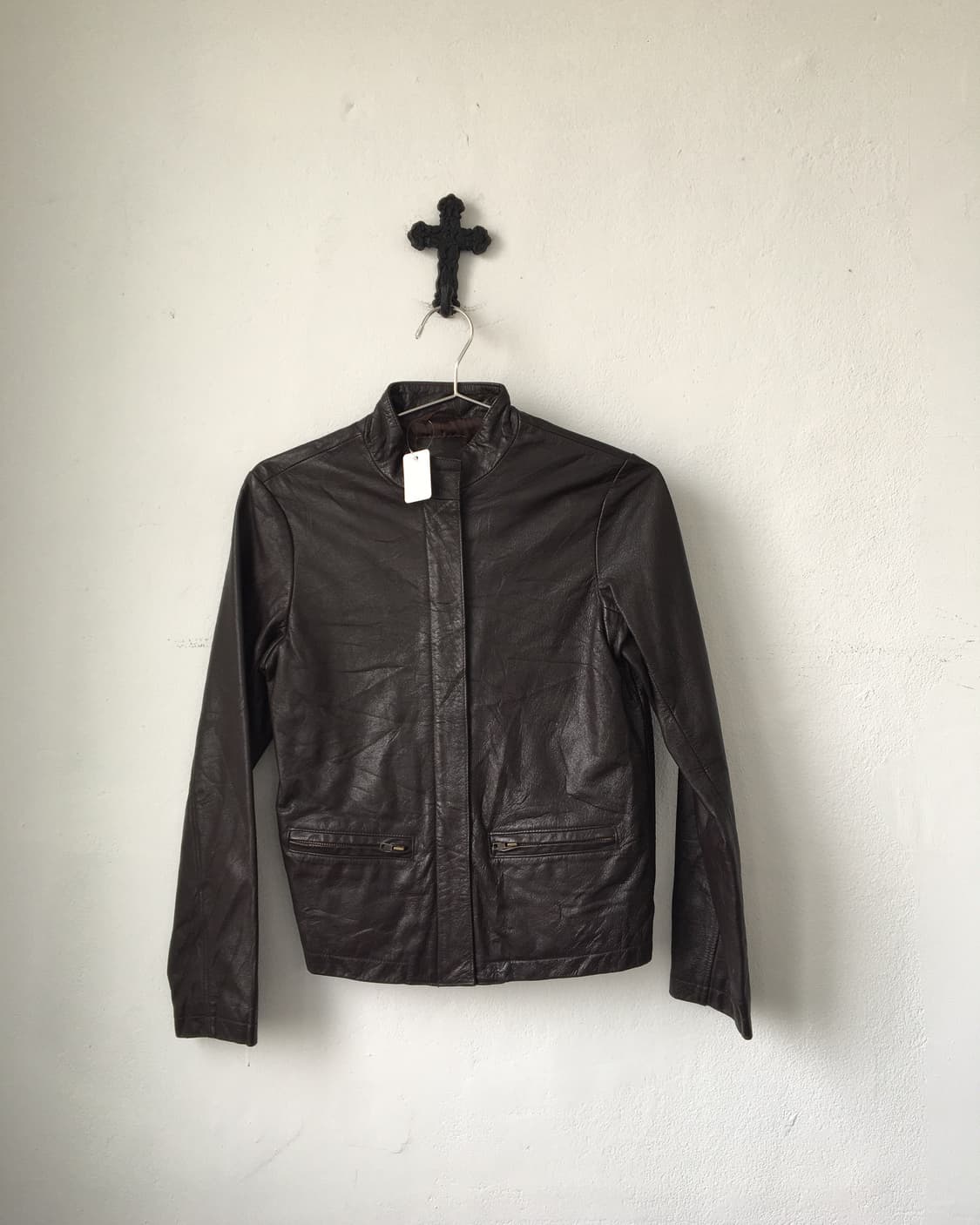 Brown high neck cow leather jacket 상품이미지2