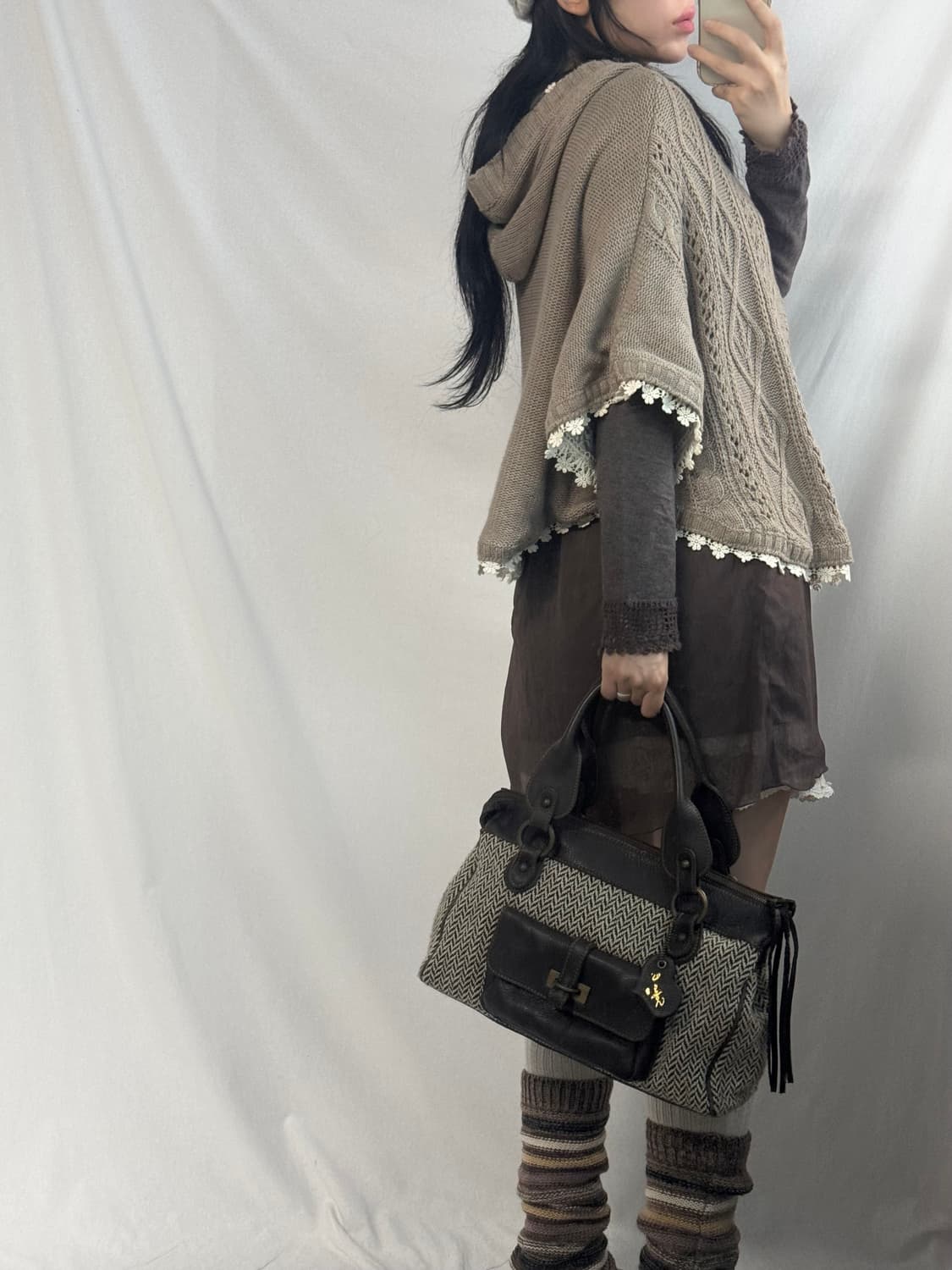 레이스 레이어드 케이블 니트 후디드 케이프 상품이미지5