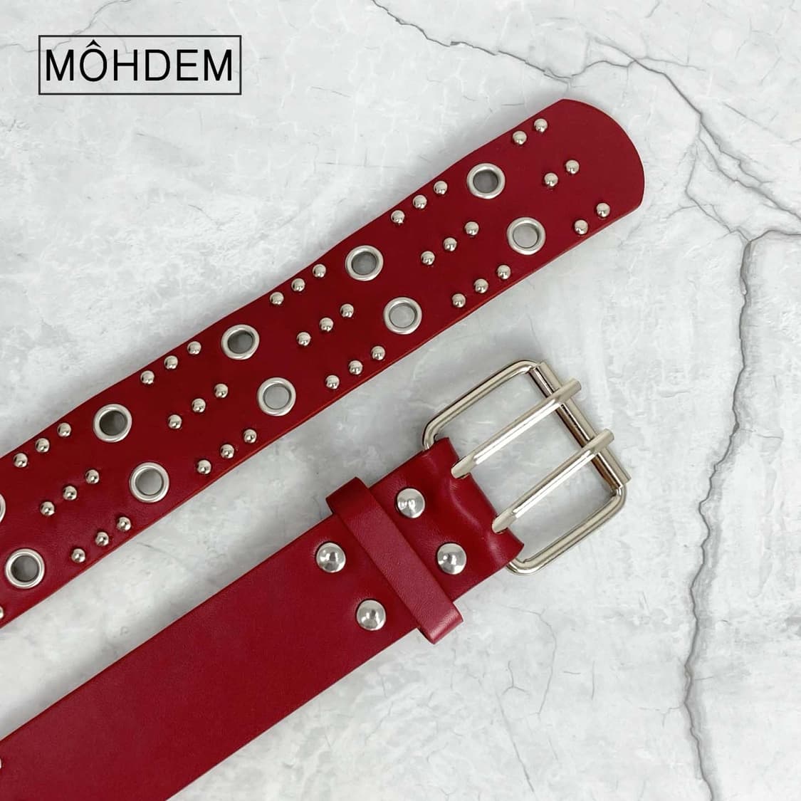 [Unisex] y2k 스터드 아일렛 가죽 벨트 레드 상품이미지5