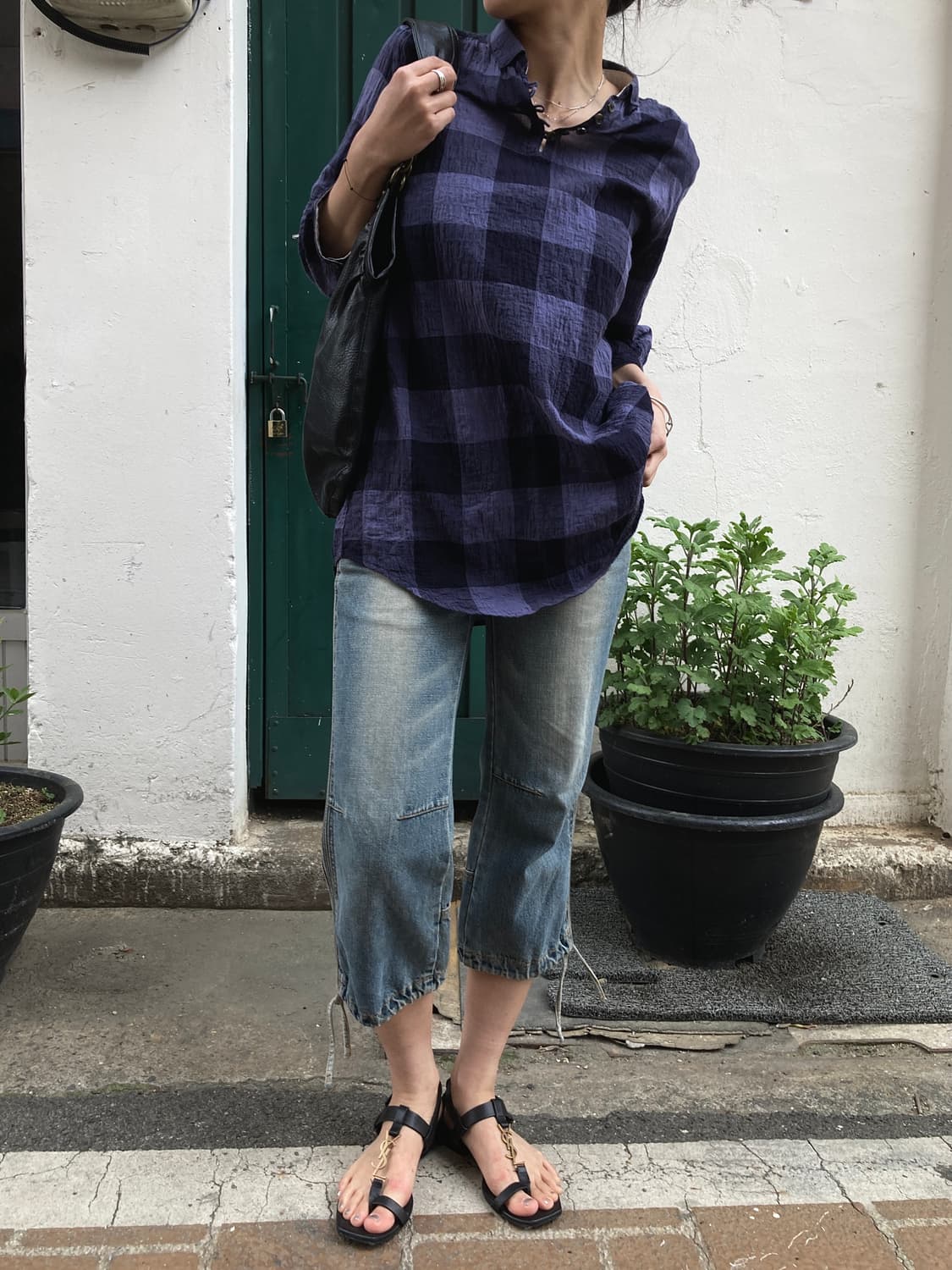 라인 연청 워싱 데님 카프리 팬츠 상품이미지7